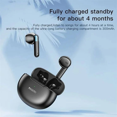 Black wireless earbuds with charging case on a blue background