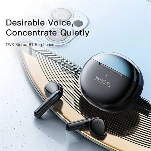 TWS stereo BT earphones with charging case on a light background
