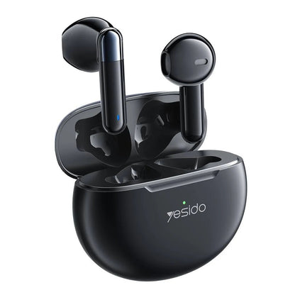 Black wireless earbuds with charging case on a white background, featuring the Yesido brand.