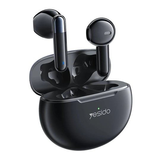 Black wireless earbuds with charging case on a white background, featuring the Yesido brand.